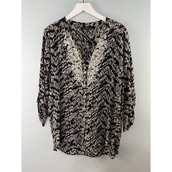 Calessa Womens Top Sz 1x Black Embroidered Button Down Roll Tab Sleeve Boho - Picture 1 of 10